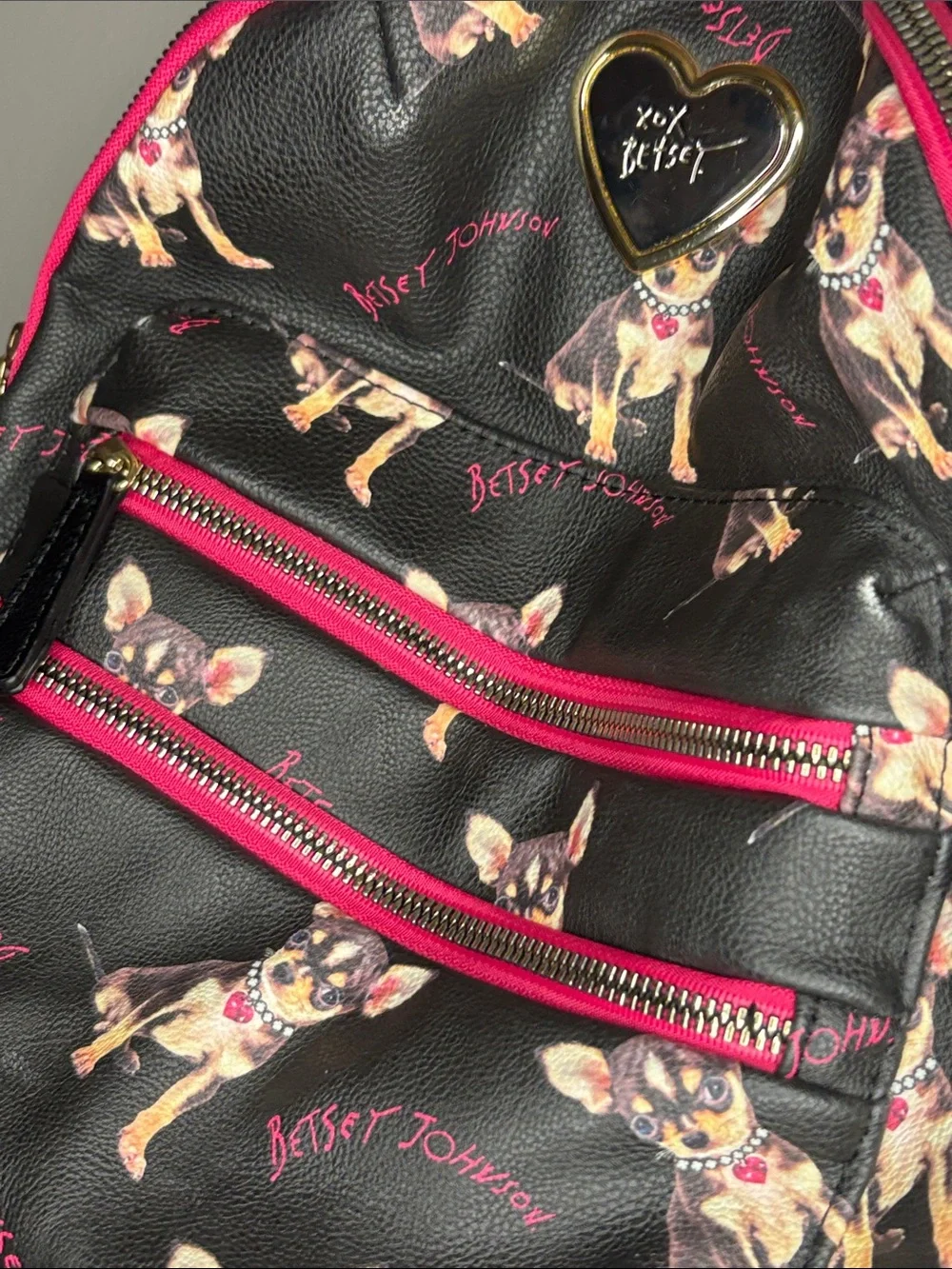 Betsey Johnson Black Chihuahua Print Mini Backpack with Hot Pink Trim